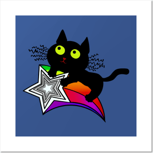 Lucky Black Cat riding a Shooting Star Posters and Art